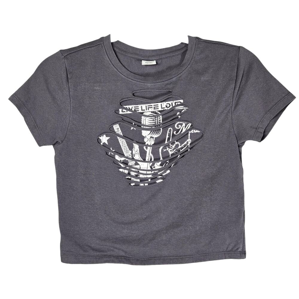 Vibe N' Cropped‎ T-Shirt Juniors Medium Gray Live Life Loud Rock Tee Cutout